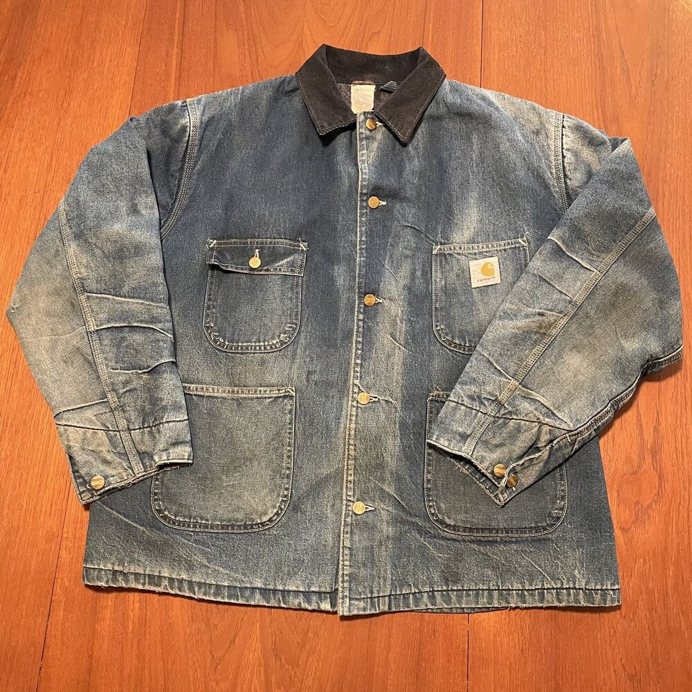 Vintage Thrashed Faded Carhartt Blanket-Lined Denim Chore Coat 8LC 46